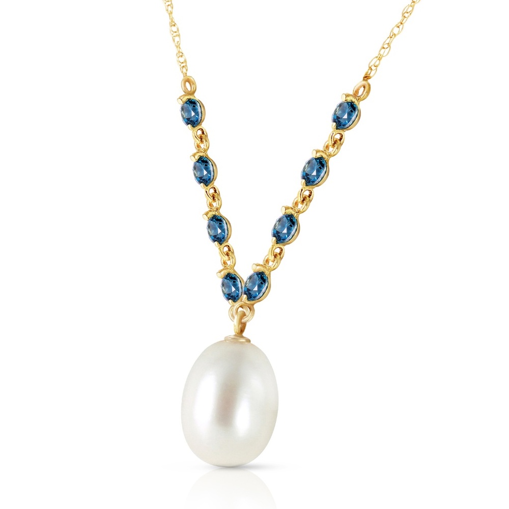 SOLID GOLD NECKLACE W/ NATURAL BLUE TOPAZ & PEARL - Picture 2 of 6
